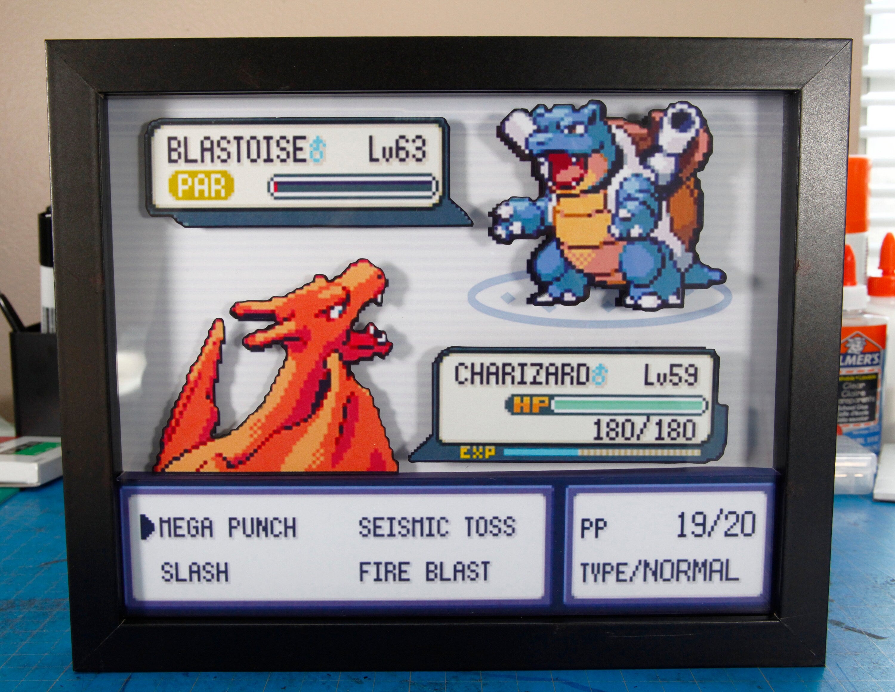Pokemon Charizard vs. Blastoise 3d shadow box diorama