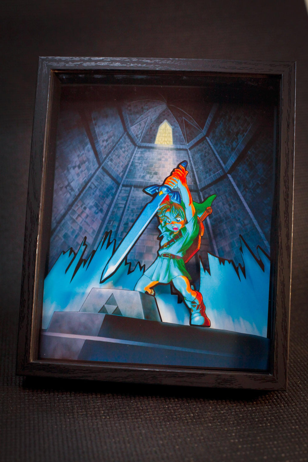 The Legend of Zelda: Ocarina of Time – Temple of Time Sword Pull • 3D Shadow Box • Handmade Gift • Video game Art • Video game Gifts