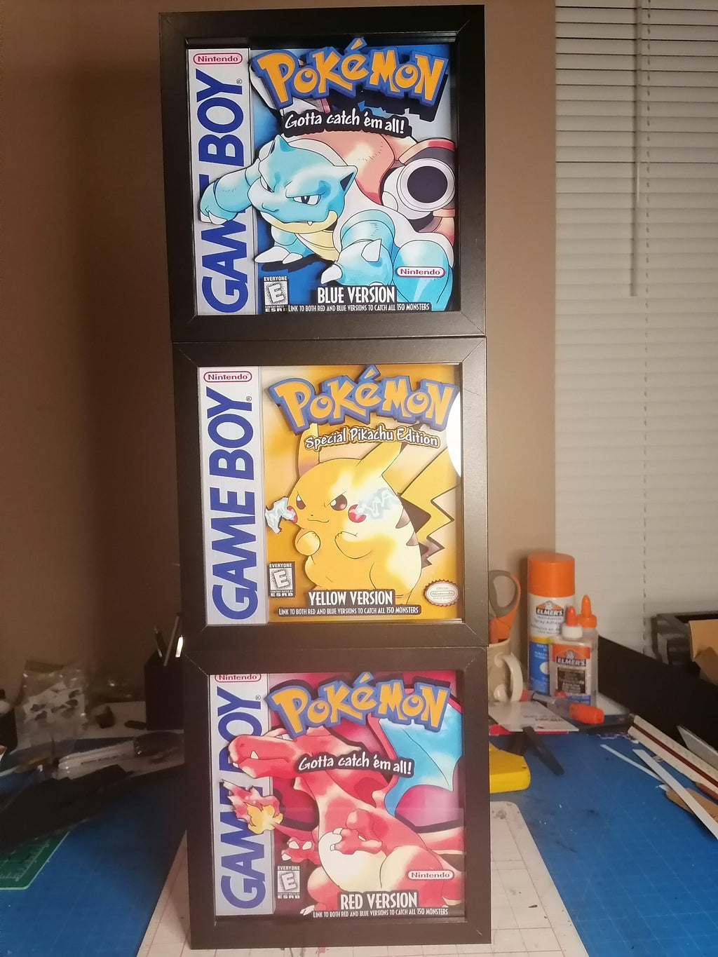 Pokemon Yellow, blue, and red shadowbox 3 pack